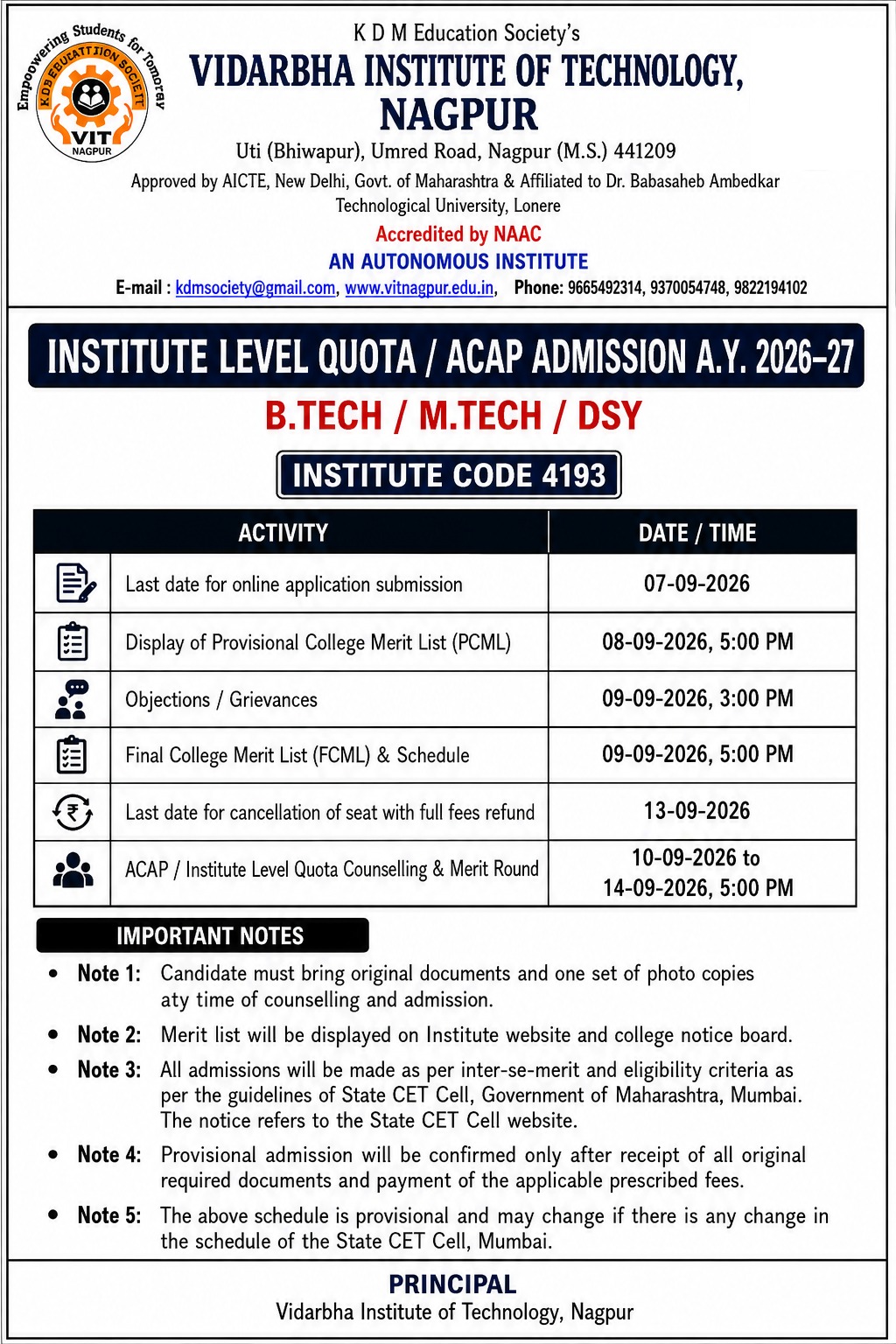 Institute Level Quota and ACAP Admission advertisement for 2026–27